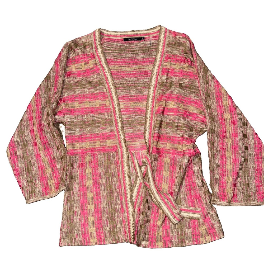 Nic & Zoe 100% Silk Open Cardigan M Tie Front Pink Tan - Picture 1 of 7